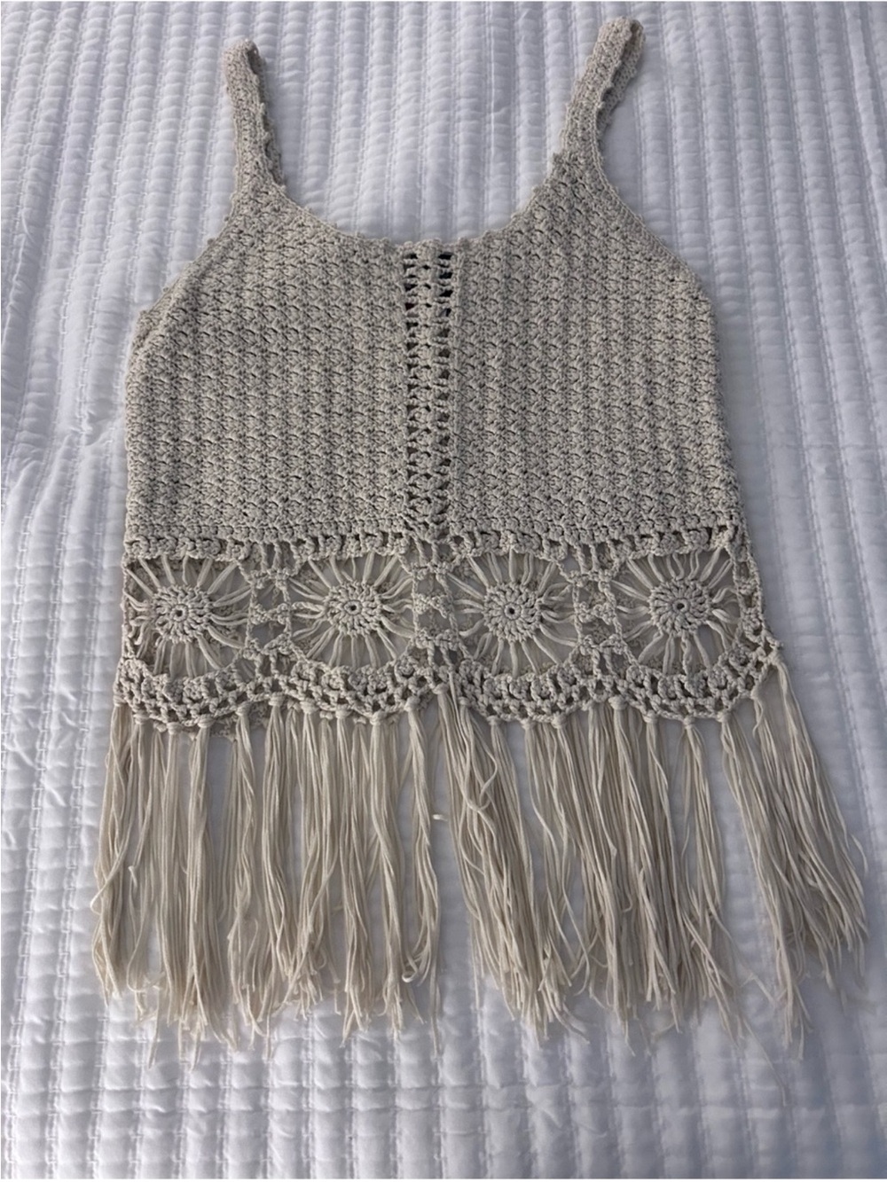 Buckle Daytrip Crochet Fringe BOHO HIPPIE RETRO Tank Top in Cream. Oversized